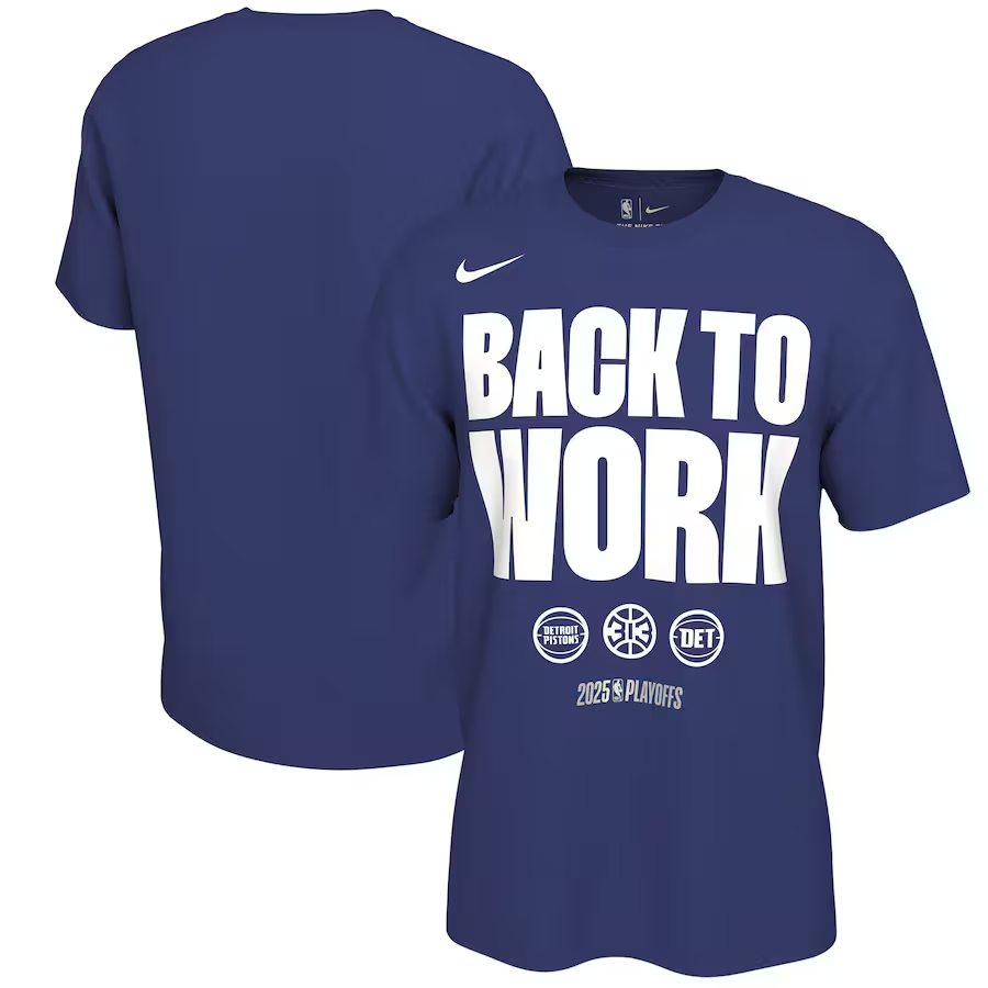 Men's Detroit Pistons Blue 2025 Playoffs On-Court Mantra T-Shirt